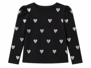 Franela Niña Wonder Nation Negra con Corazones Plateados – Manga Larga, Moderna y Cómoda