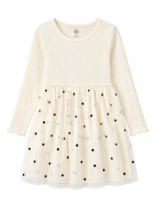 Vestido Niña Wonder Nation Beige con Tul y Lunares Negros – Manga Larga, Elegante, Talla 5 y 18m